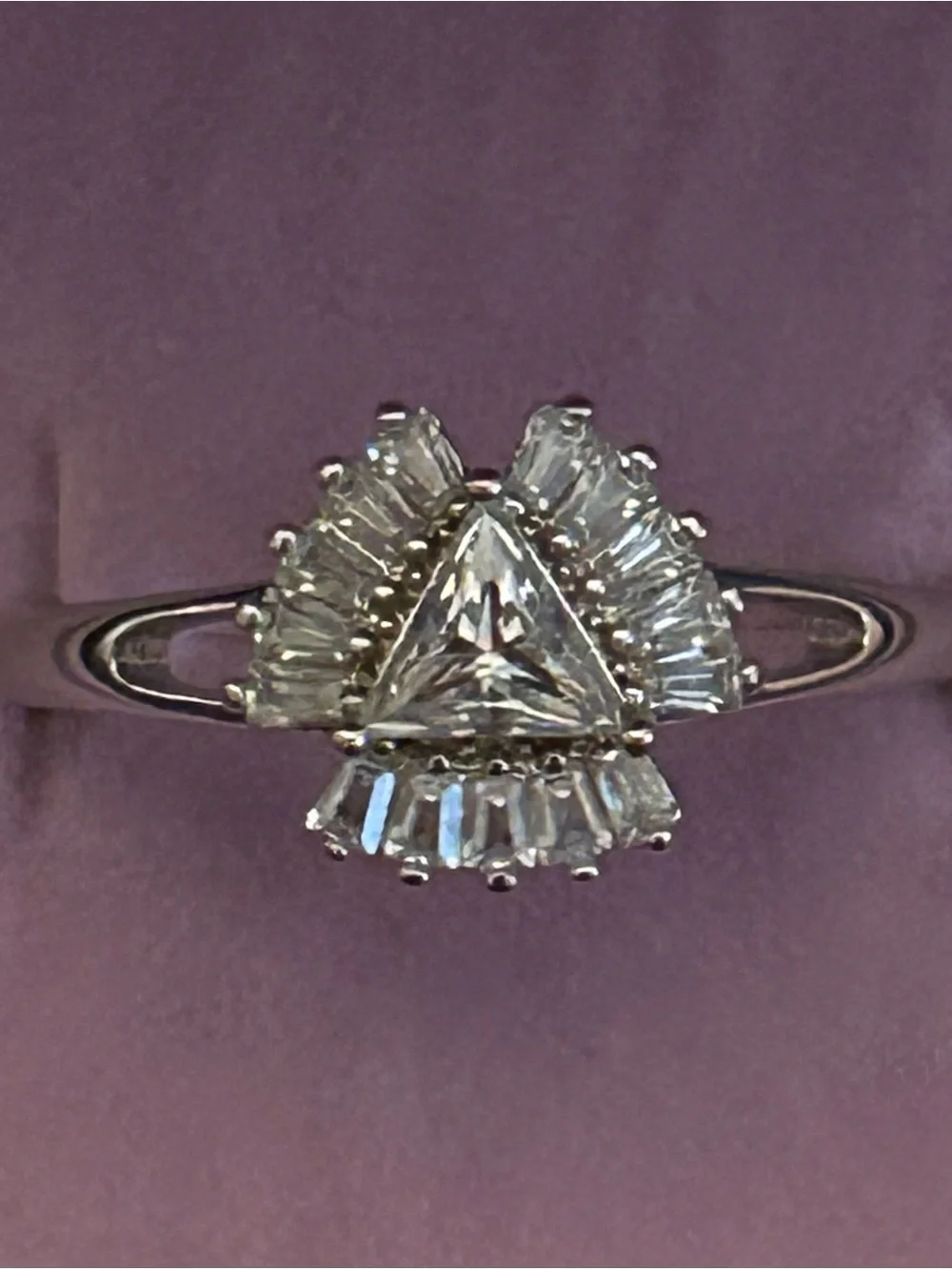 Triangular & Baguette Cut Halo Moissanite Ring in Sterling Silver Size 8.50